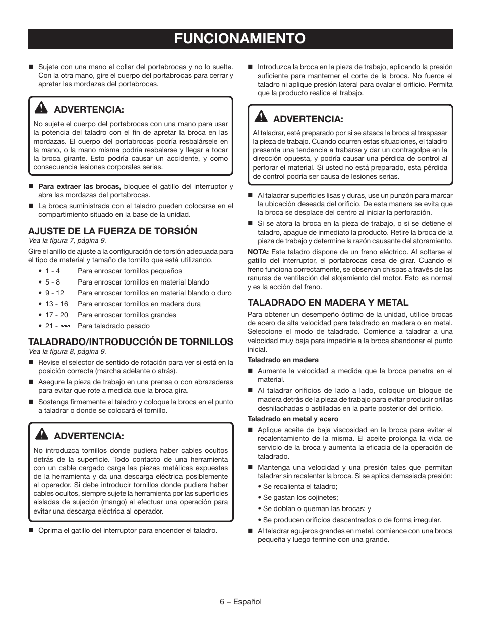 Funcionamiento, Advertencia, Ajuste de la fuerza de torsión | Taladrado/introducción de tornillos, Taladrado en madera y metal | Ryobi HJP003 User Manual | Page 18 / 24