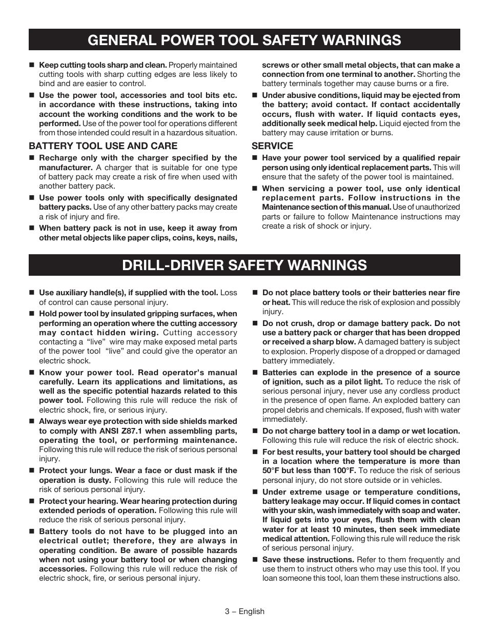 General power tool safety warnings, Drill-driver safety warnings | Ryobi HJP003 User Manual | Page 3 / 24