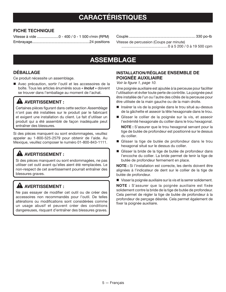 Caractéristiques, Assemblage | Ryobi P213 User Manual | Page 13 / 28