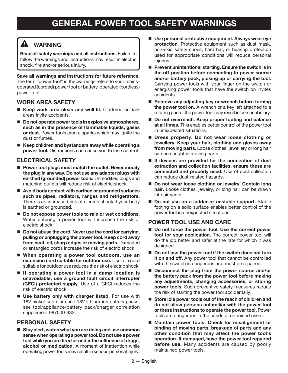 General power tool safety warnings | Ryobi P213 User Manual | Page 2 / 28