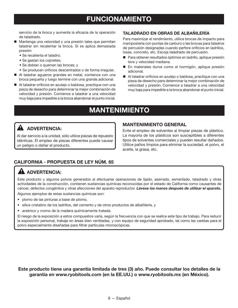 Funcionamiento, Mantenimiento | Ryobi P213 User Manual | Page 25 / 28