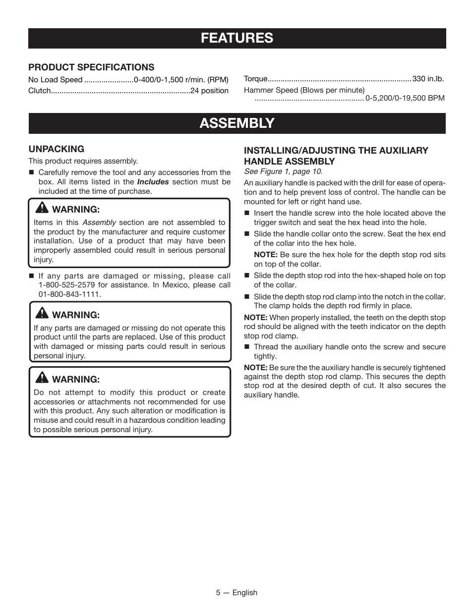 Features, Assembly | Ryobi P213 User Manual | Page 5 / 28