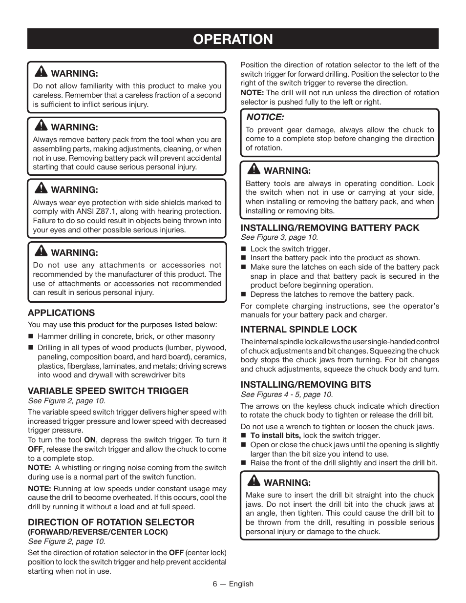 Operation | Ryobi P213 User Manual | Page 6 / 28