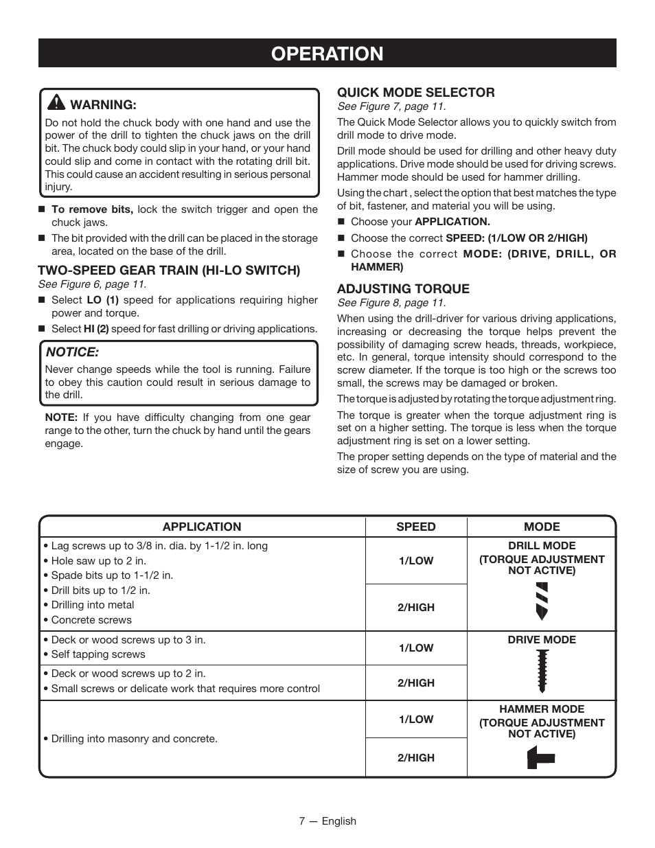 Operation | Ryobi P213 User Manual | Page 7 / 28
