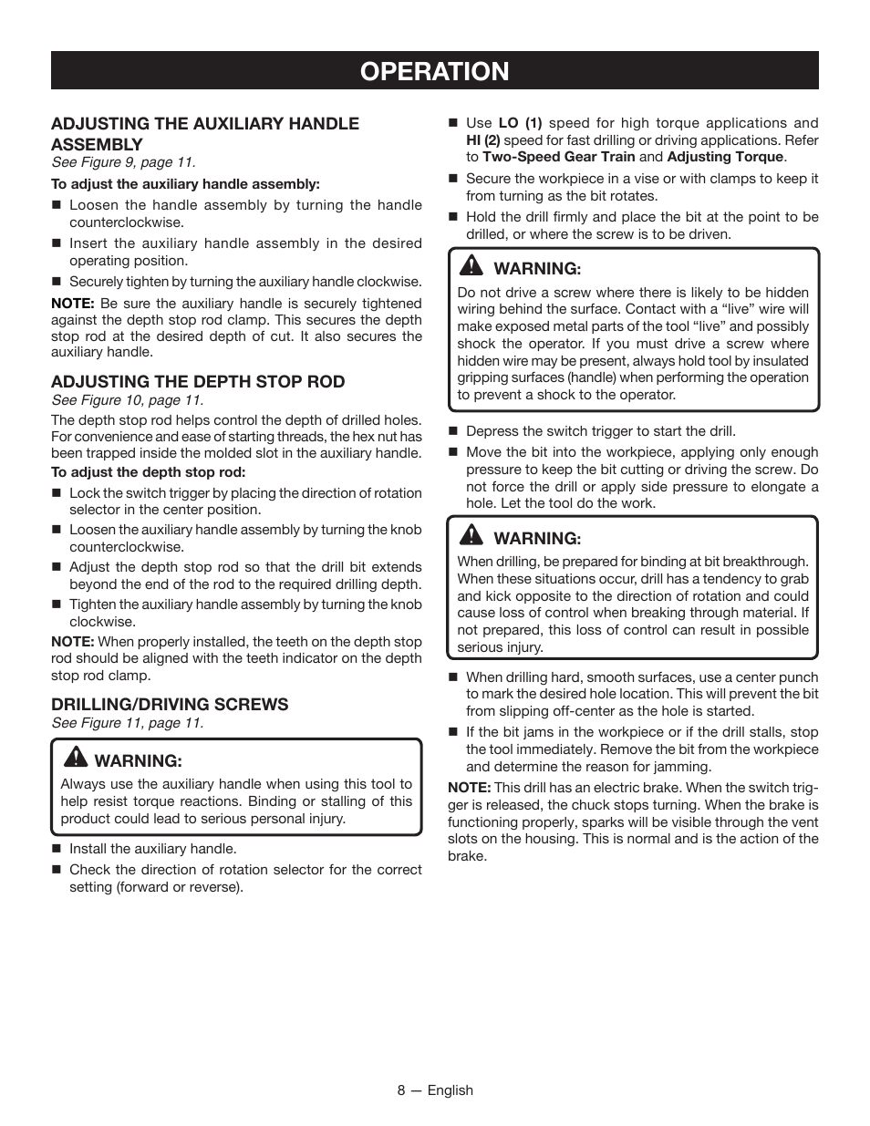 Operation | Ryobi P213 User Manual | Page 8 / 28