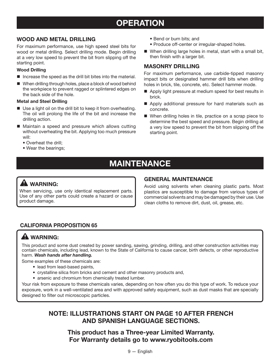 Maintenance, Operation | Ryobi P213 User Manual | Page 9 / 28