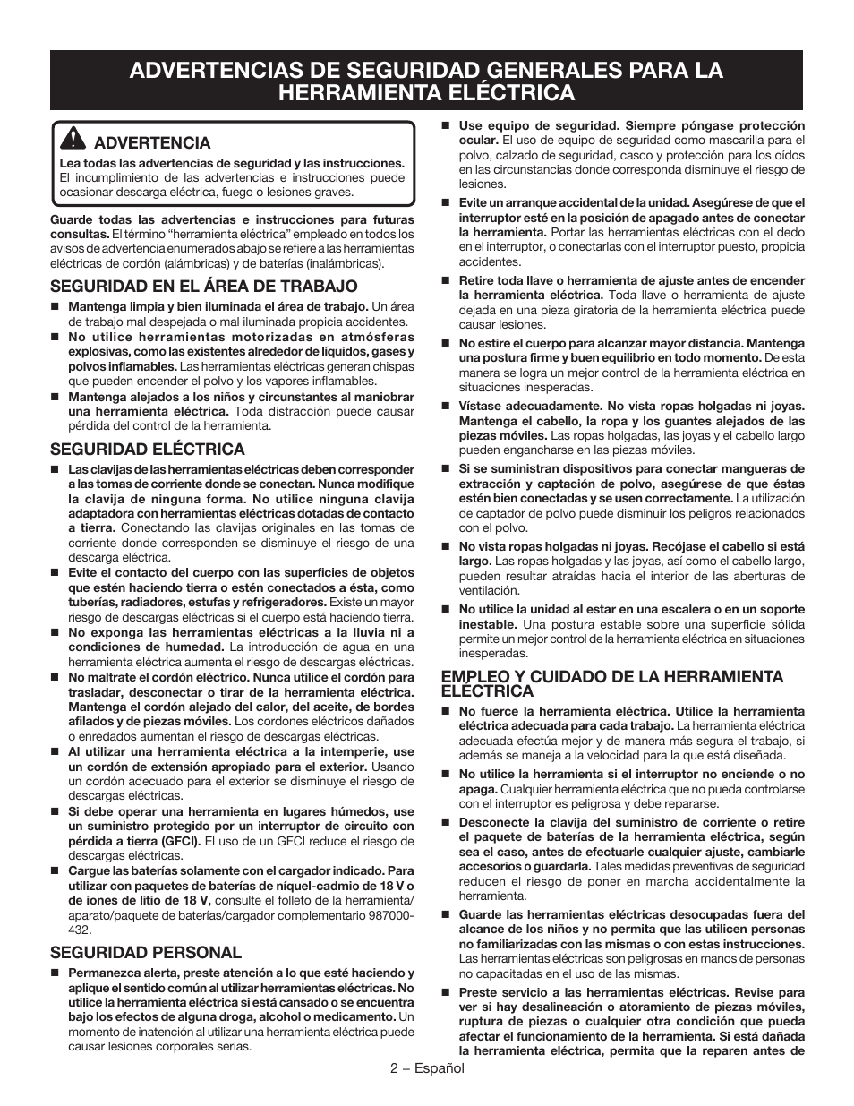 Advertencia, Seguridad en el área de trabajo, Seguridad eléctrica | Seguridad personal, Empleo y cuidado de la herramienta eléctrica | Ryobi P209 User Manual | Page 14 / 24