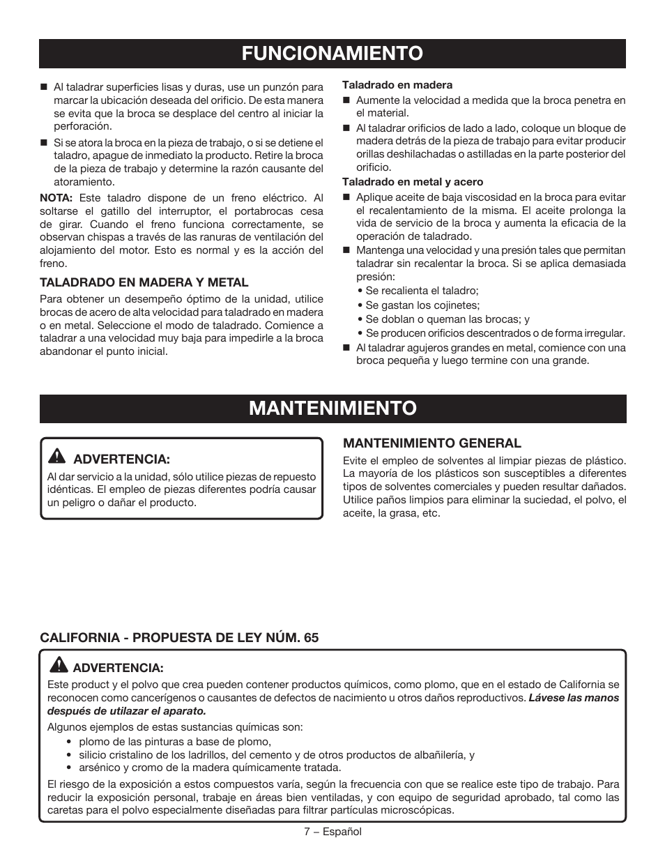 Funcionamiento, Mantenimiento | Ryobi P209 User Manual | Page 19 / 24