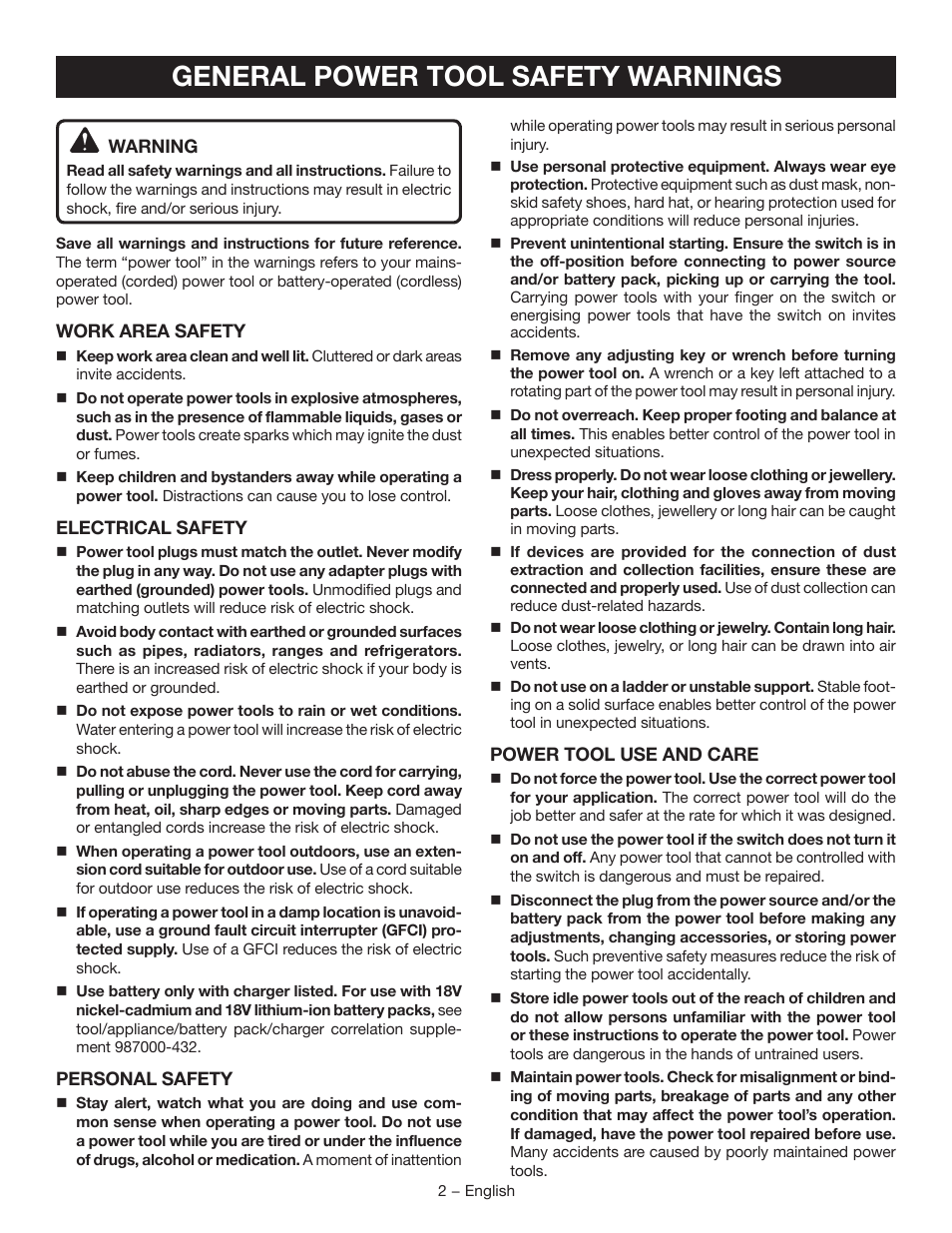 General power tool safety warnings | Ryobi P209 User Manual | Page 2 / 24