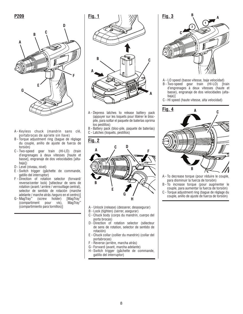 P209, Fig. 1, Fig. 2 | Fig. 3, Fig. 4 | Ryobi P209 User Manual | Page 20 / 24