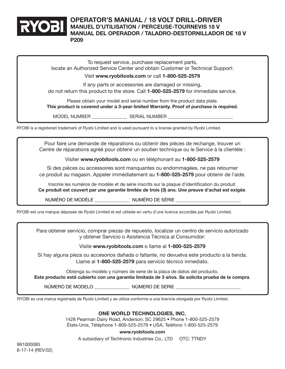 Operator’s manual / 18 volt drill-driver | Ryobi P209 User Manual | Page 24 / 24