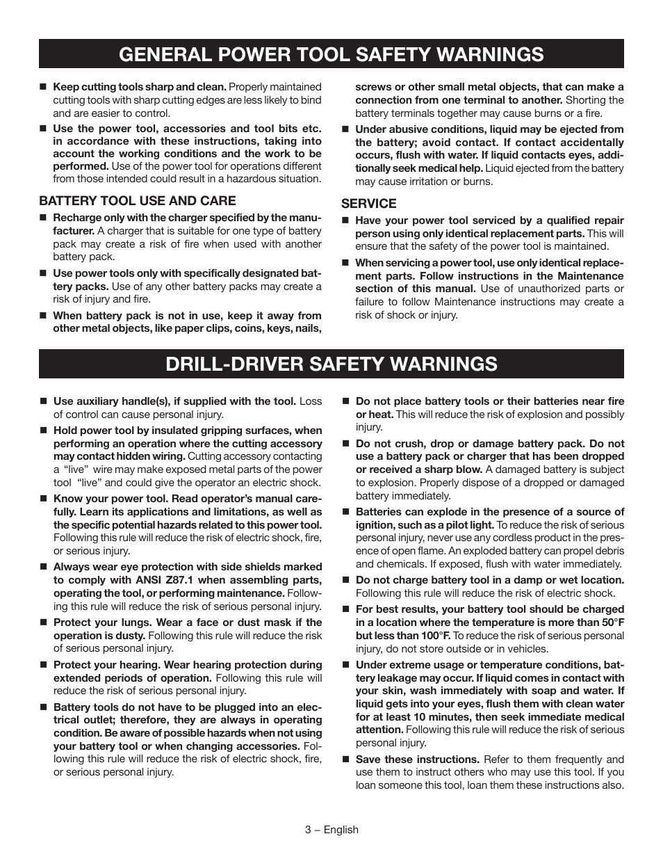 General power tool safety warnings, Drill-driver safety warnings | Ryobi P209 User Manual | Page 3 / 24