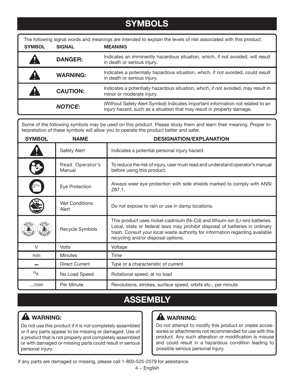 Symbols assembly | Ryobi P209 User Manual | Page 4 / 24