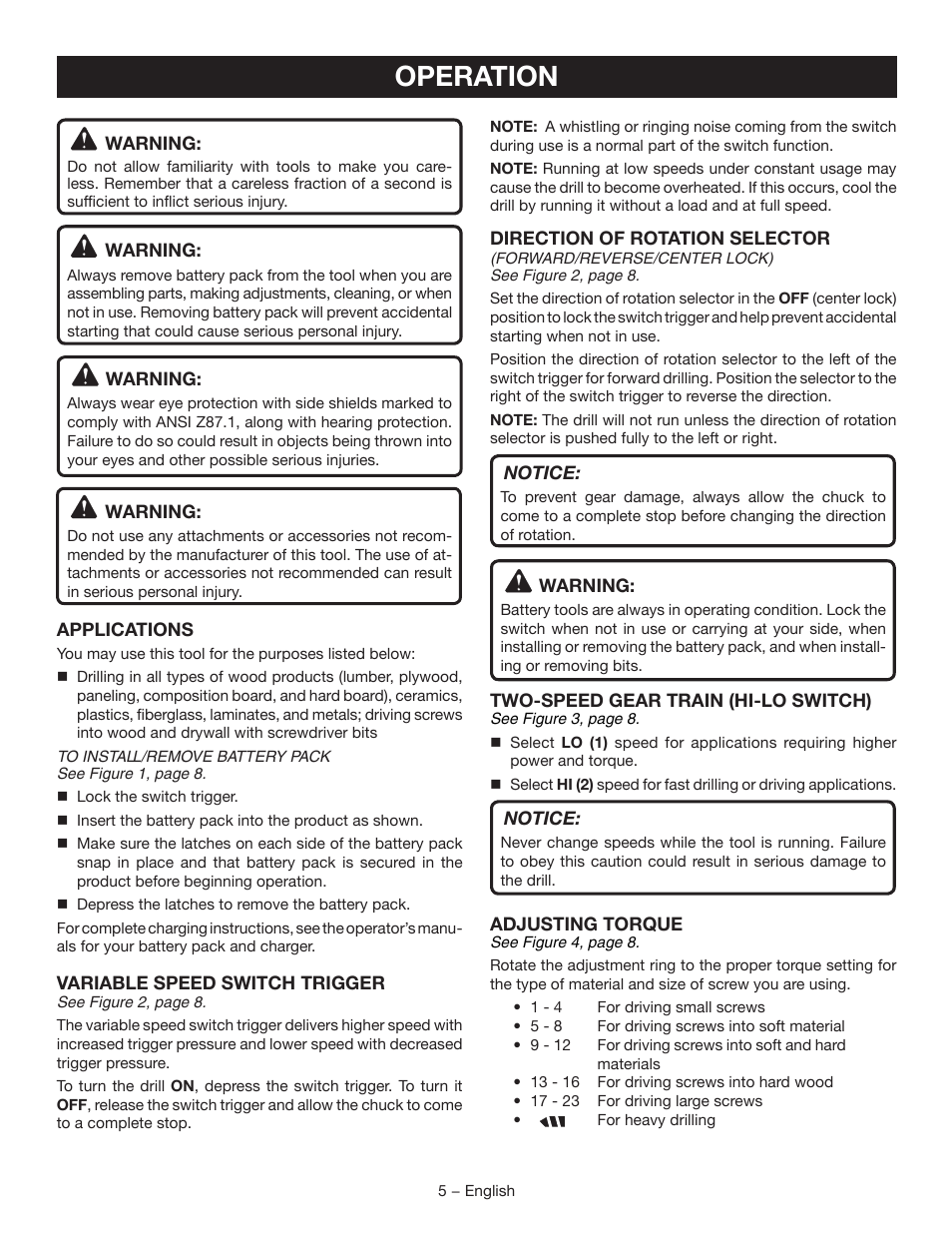 Operation | Ryobi P209 User Manual | Page 5 / 24