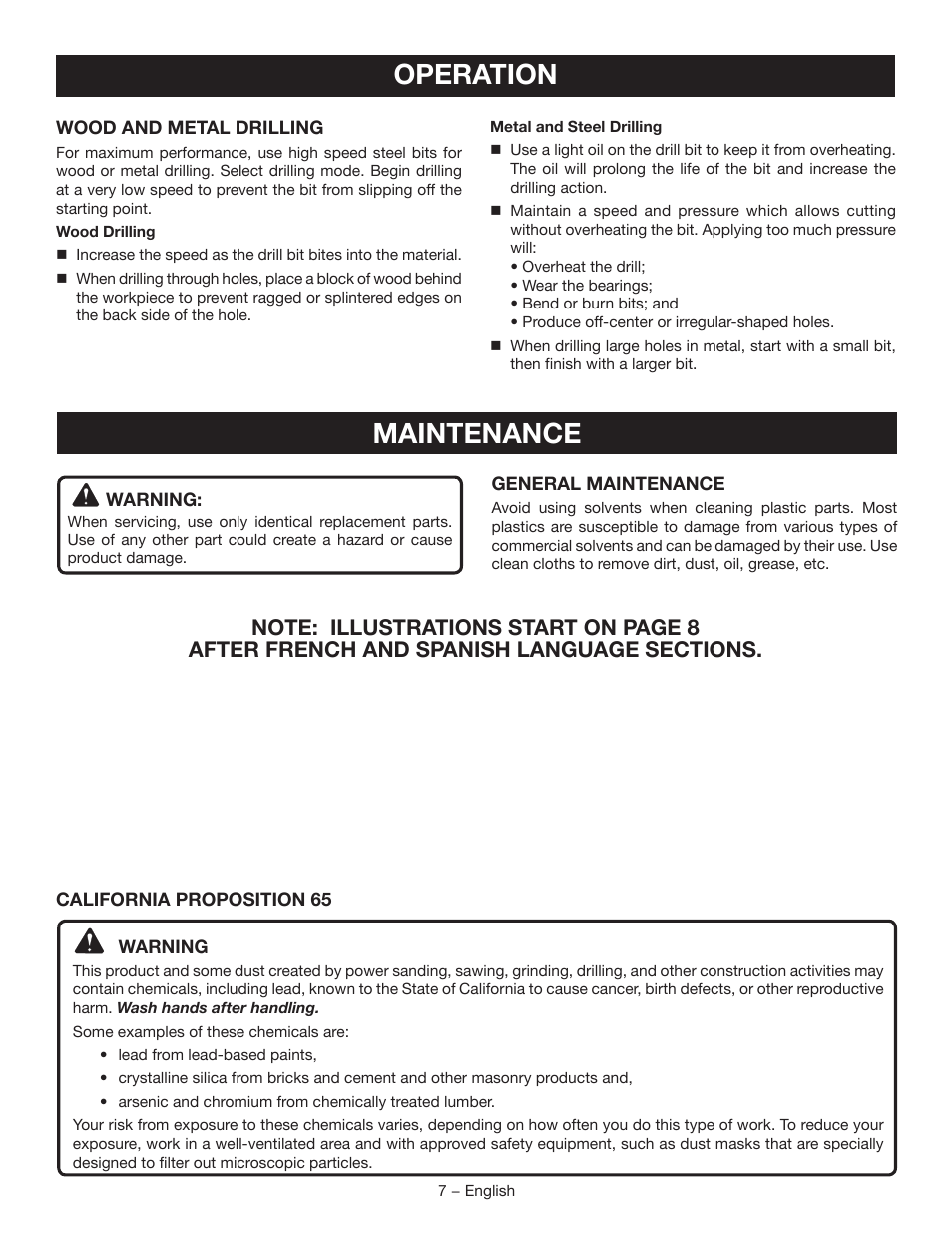 Operation, Maintenance | Ryobi P209 User Manual | Page 7 / 24