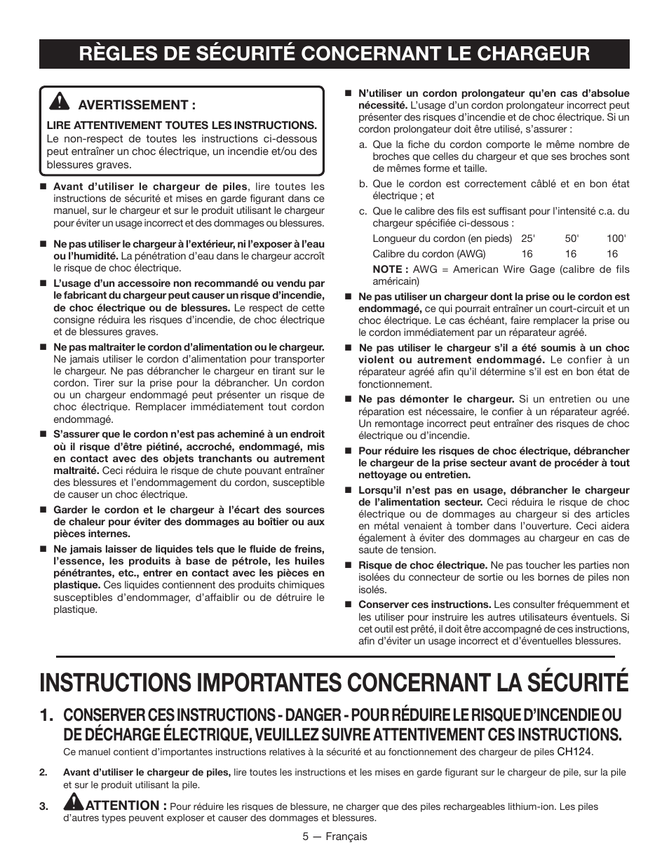 Instructions importantes concernant la sécurité, Règles de sécurité concernant le chargeur | Ryobi HP108L User Manual | Page 13 / 28