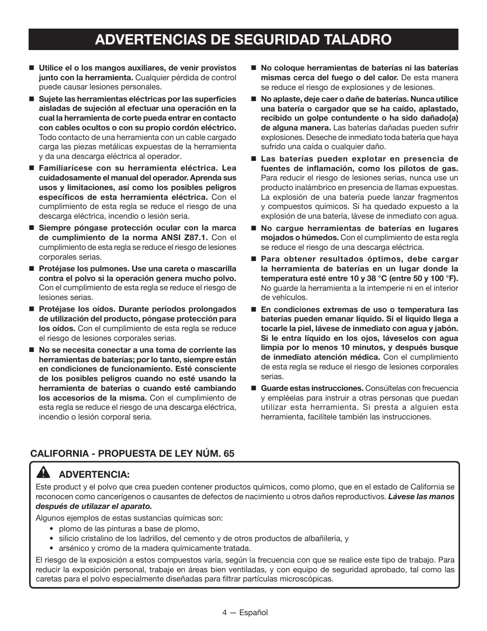 Advertencias de seguridad taladro | Ryobi HP108L User Manual | Page 20 / 28