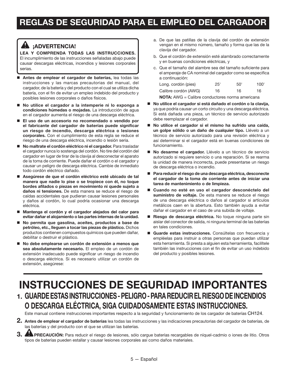 Instrucciones de seguridad importantes, Reglas de seguridad para el empleo del cargador | Ryobi HP108L User Manual | Page 21 / 28