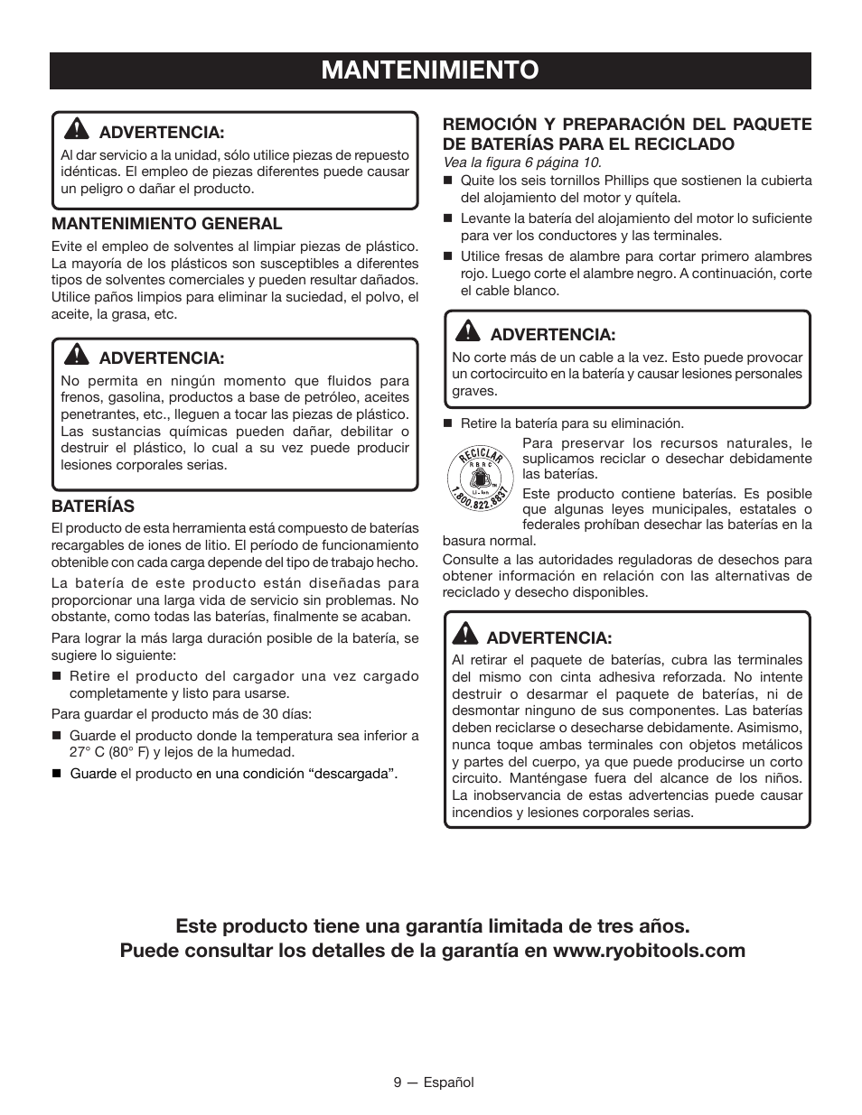 Mantenimiento | Ryobi HP108L User Manual | Page 25 / 28