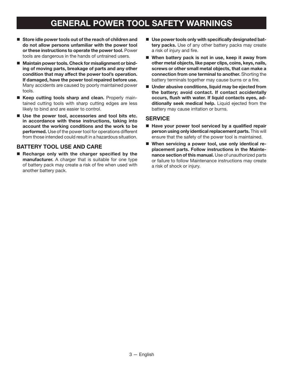 General power tool safety warnings | Ryobi HP108L User Manual | Page 3 / 28