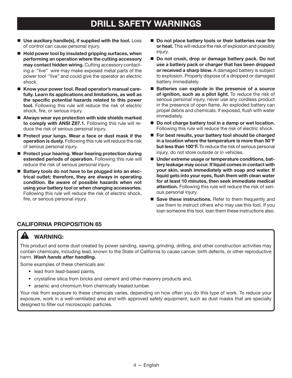 Drill safety warnings | Ryobi HP108L User Manual | Page 4 / 28