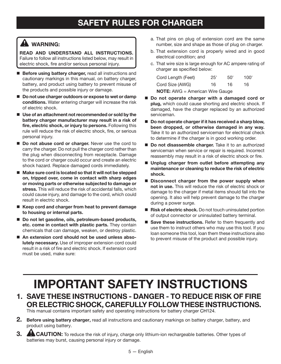 Important safety instructions, Safety rules for charger | Ryobi HP108L User Manual | Page 5 / 28