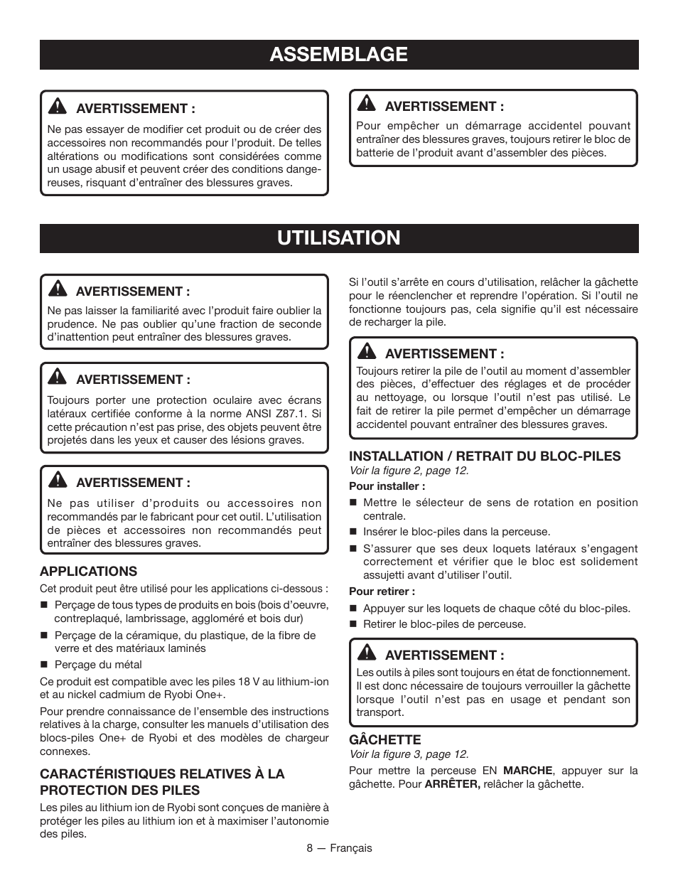 Assemblage, Utilisation | Ryobi P270G User Manual | Page 18 / 36