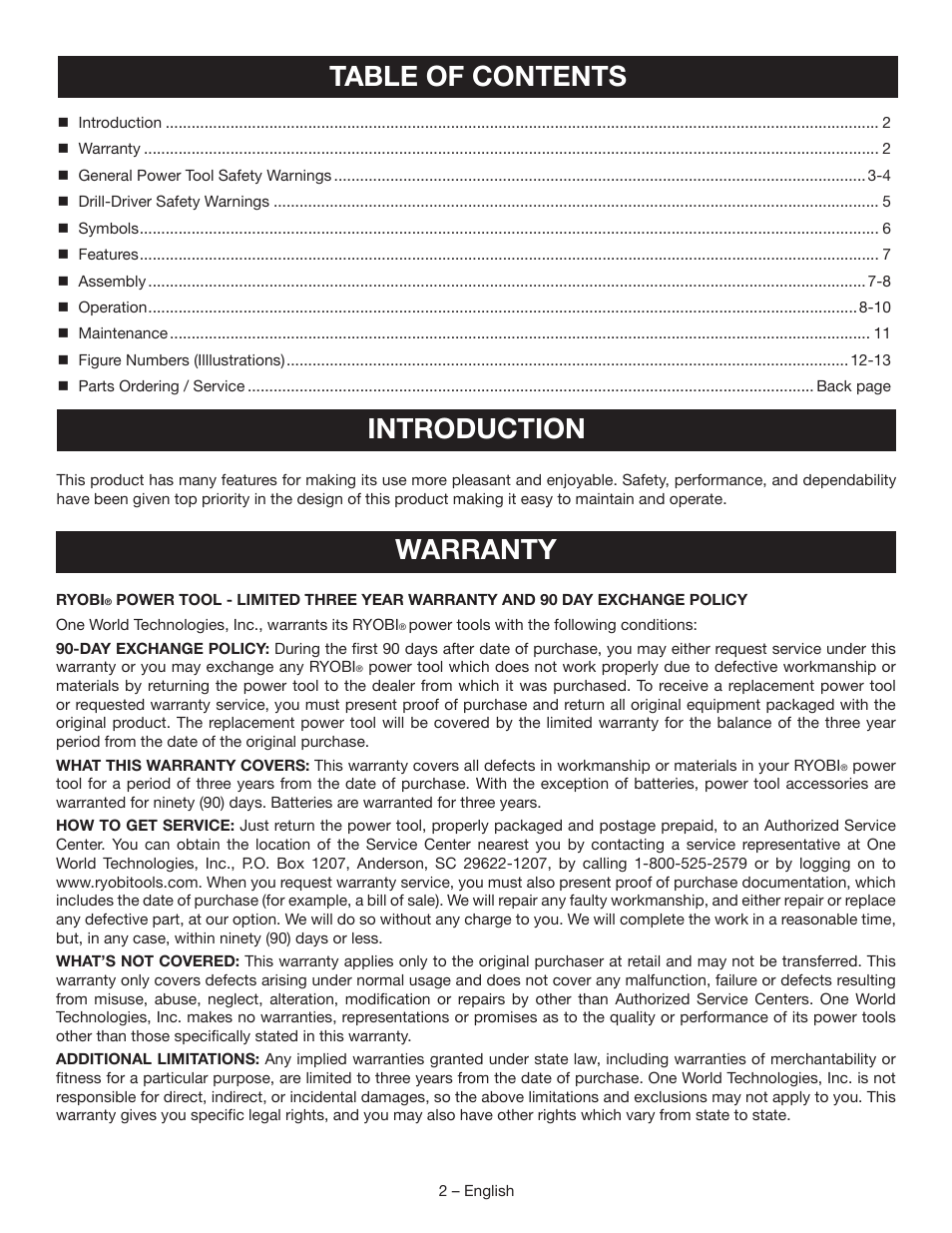 Table of contents introduction, Warranty | Ryobi P270G User Manual | Page 2 / 36