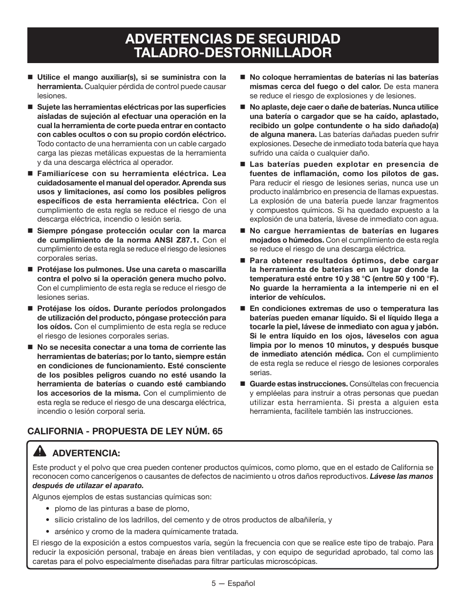Advertencias de seguridad taladro-destornillador | Ryobi P270G User Manual | Page 25 / 36
