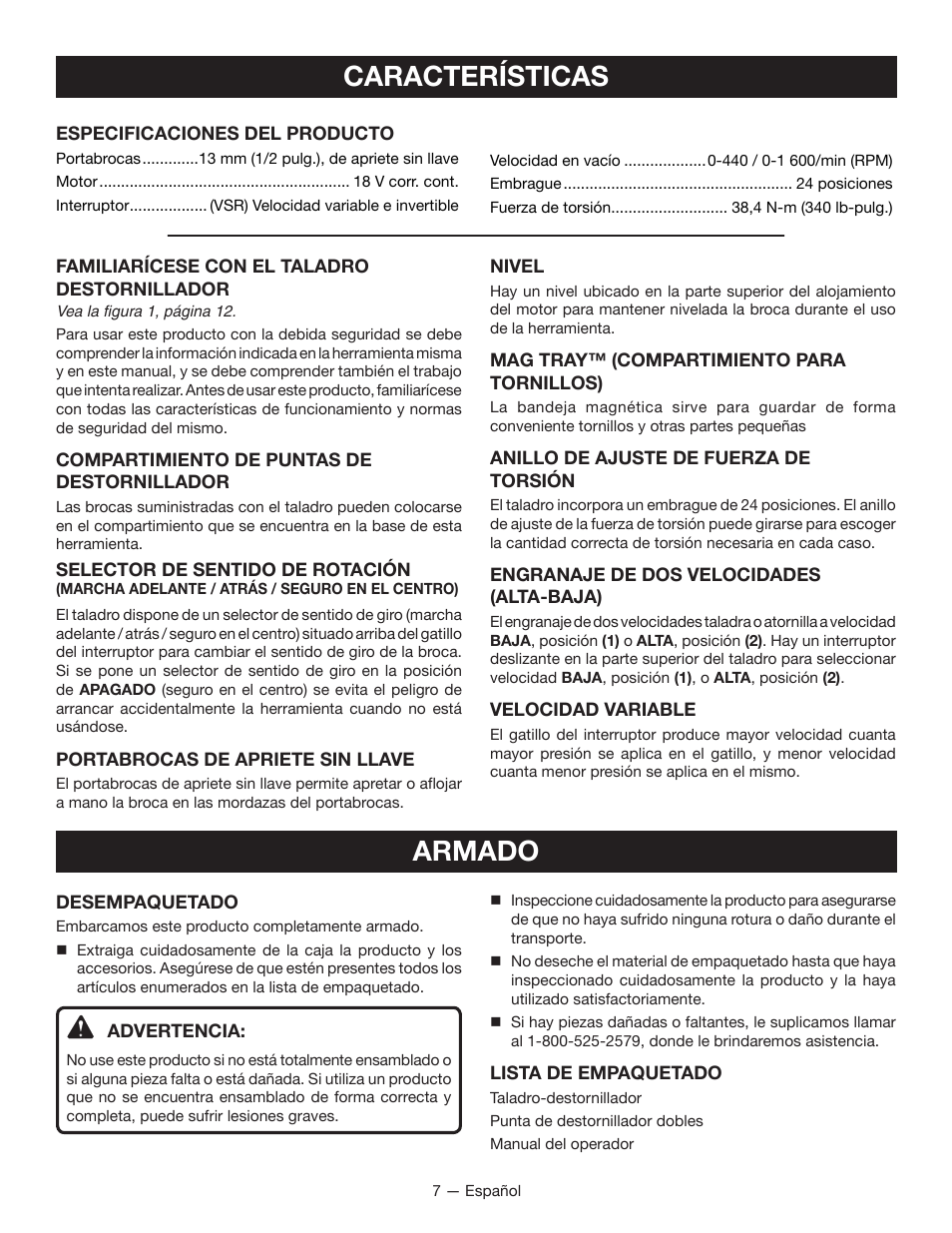 Características, Armado | Ryobi P270G User Manual | Page 27 / 36
