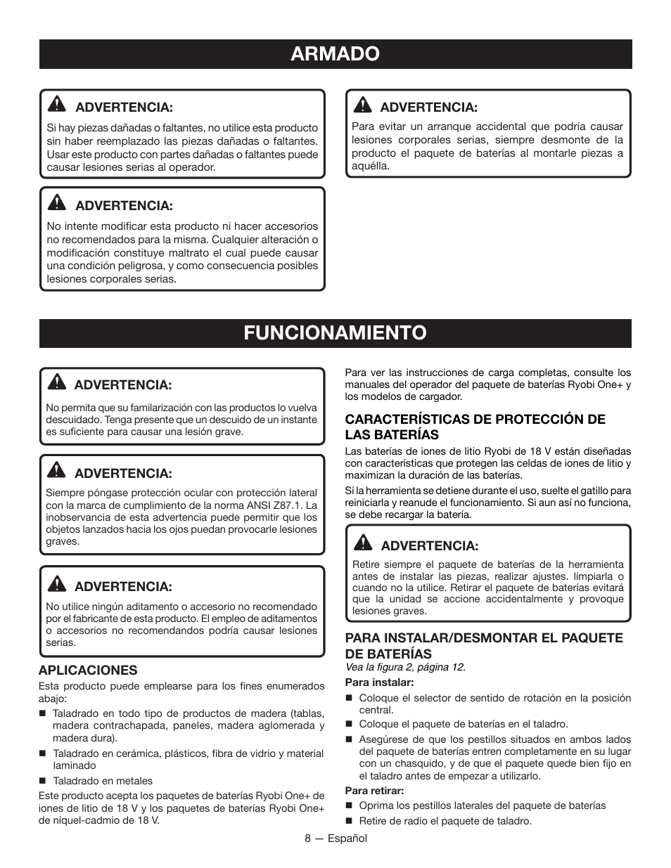 Armado, Funcionamiento | Ryobi P270G User Manual | Page 28 / 36
