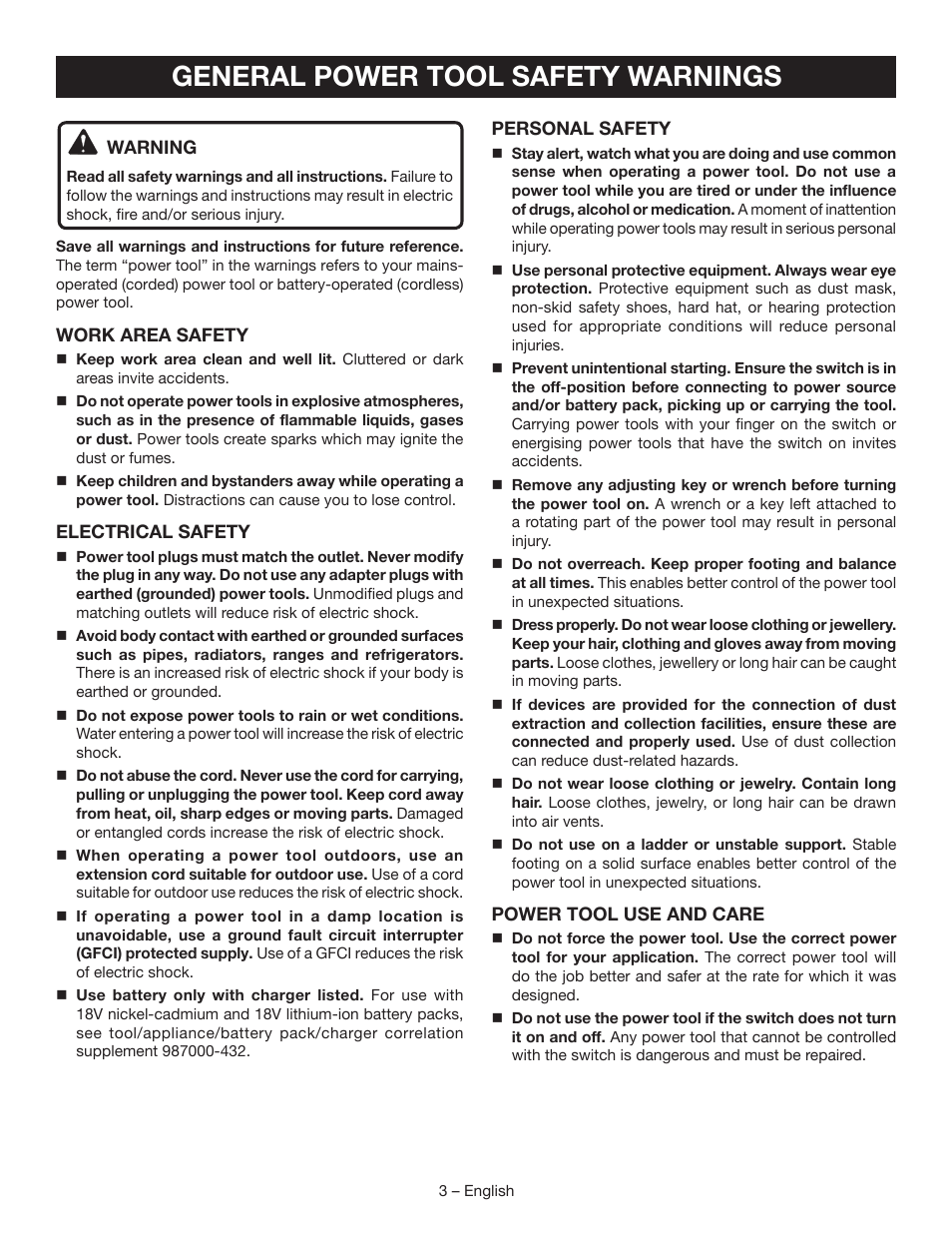 General power tool safety warnings | Ryobi P270G User Manual | Page 3 / 36