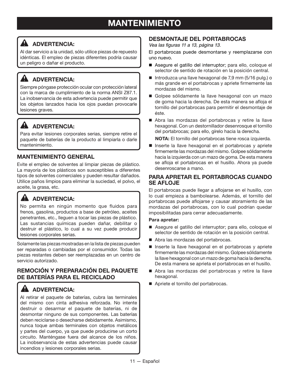 Mantenimiento | Ryobi P270G User Manual | Page 31 / 36