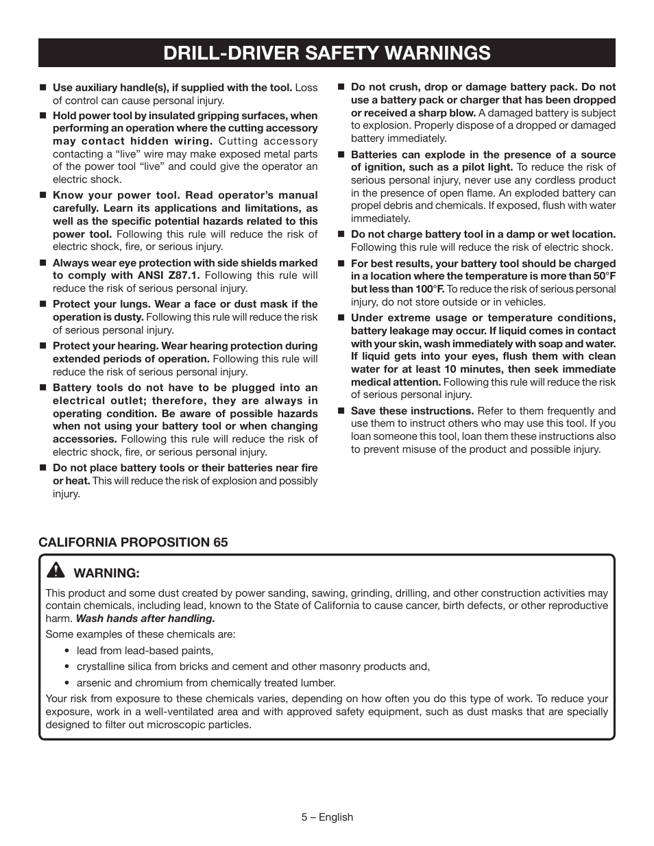 Drill-driver safety warnings | Ryobi P270G User Manual | Page 5 / 36
