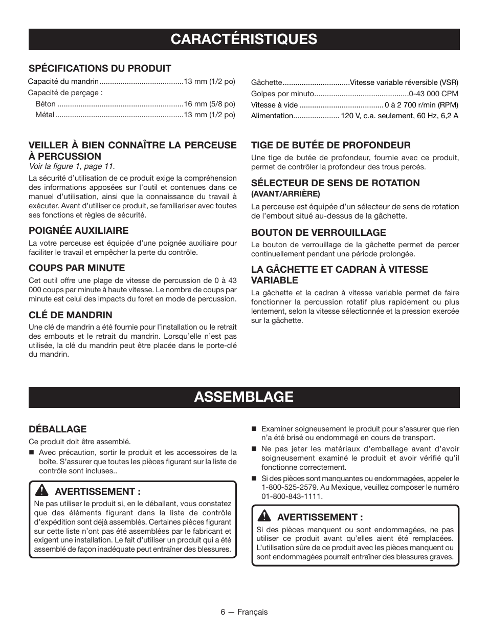 Caractéristiques, Assemblage | Ryobi D620H User Manual | Page 15 / 32