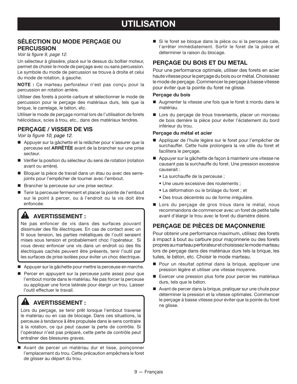 Utilisation | Ryobi D620H User Manual | Page 18 / 32