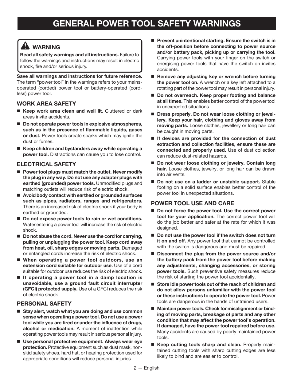 General power tool safety warnings | Ryobi D620H User Manual | Page 2 / 32