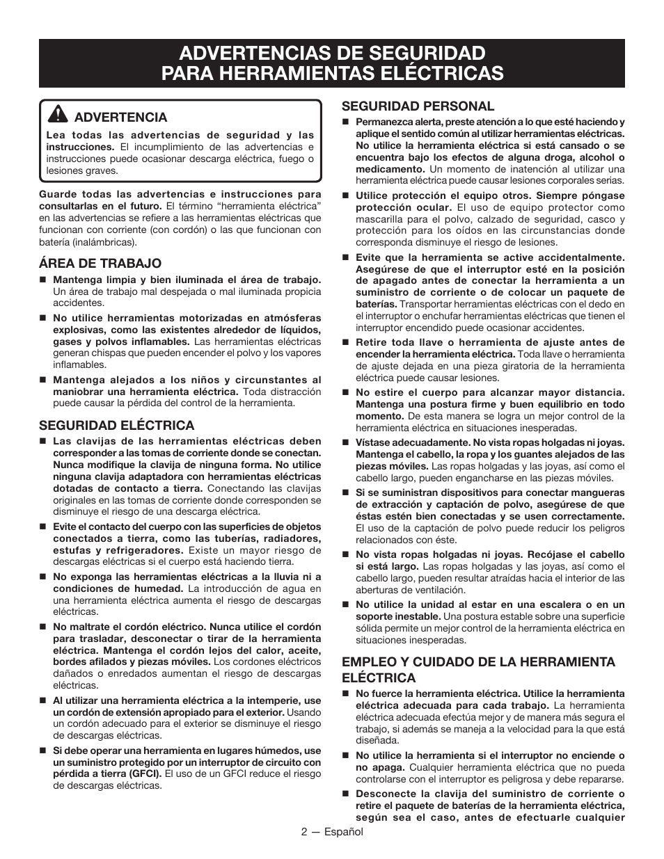 Advertencia, Área de trabajo, Seguridad eléctrica | Seguridad personal, Empleo y cuidado de la herramienta eléctrica | Ryobi D620H User Manual | Page 20 / 32