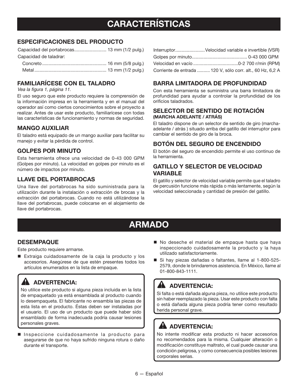 Características, Armado | Ryobi D620H User Manual | Page 24 / 32