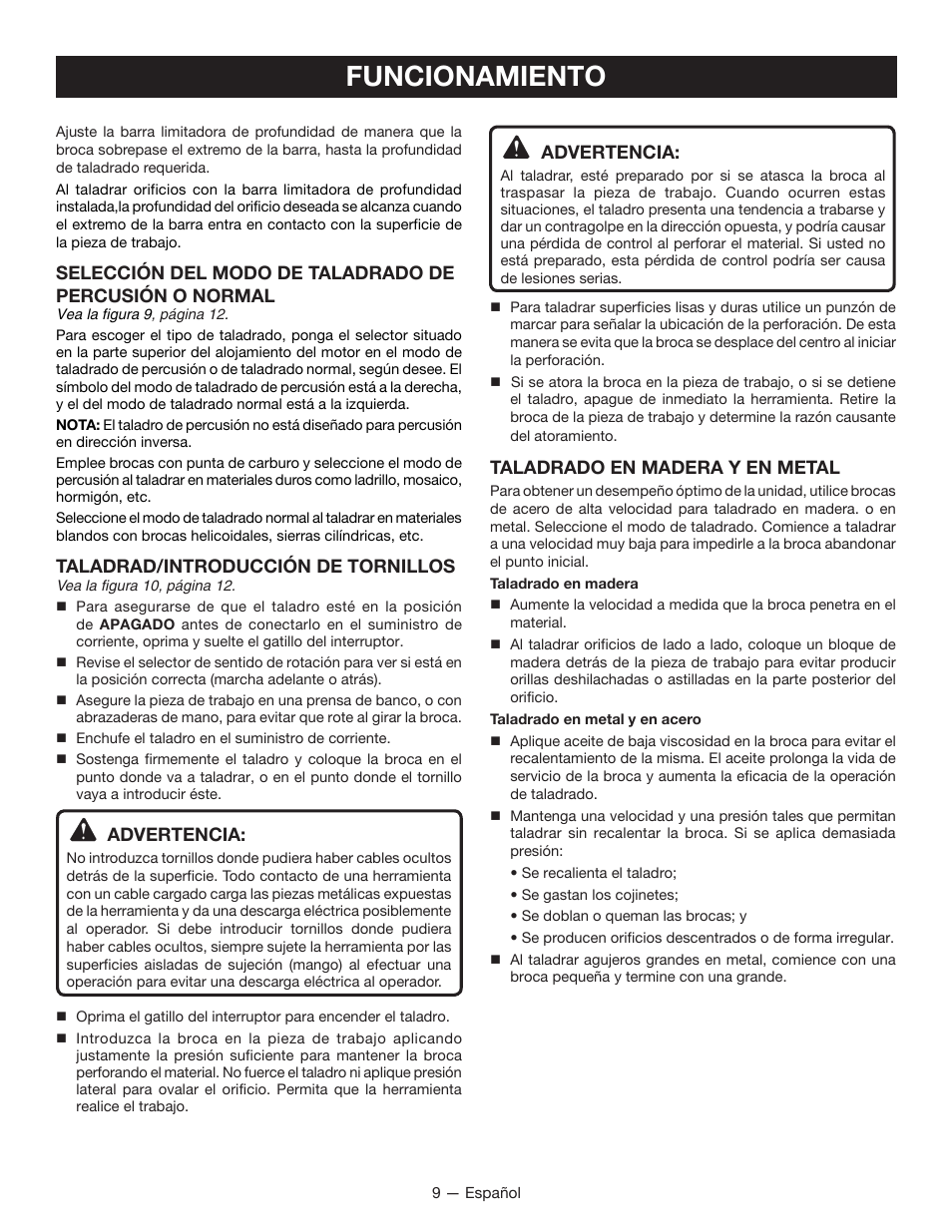 Funcionamiento, Taladrad/introducción de tornillos, Advertencia | Taladrado en madera y en metal | Ryobi D620H User Manual | Page 27 / 32