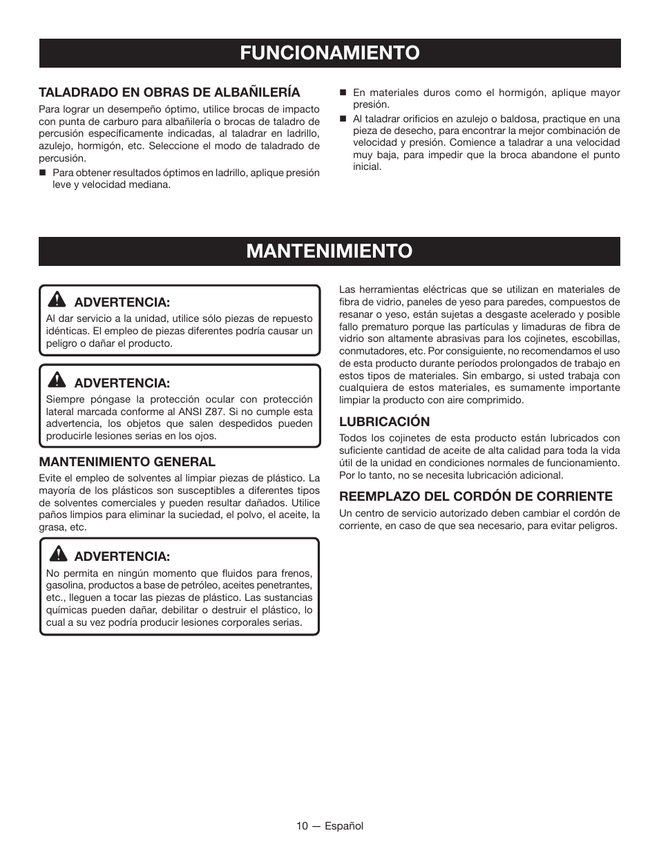 Mantenimiento, Funcionamiento | Ryobi D620H User Manual | Page 28 / 32