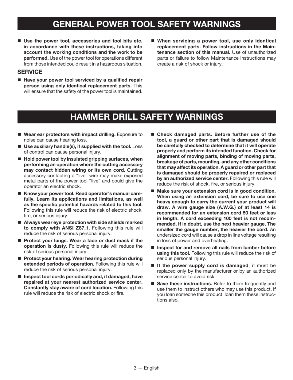 General power tool safety warnings, Hammer drill safety warnings | Ryobi D620H User Manual | Page 3 / 32