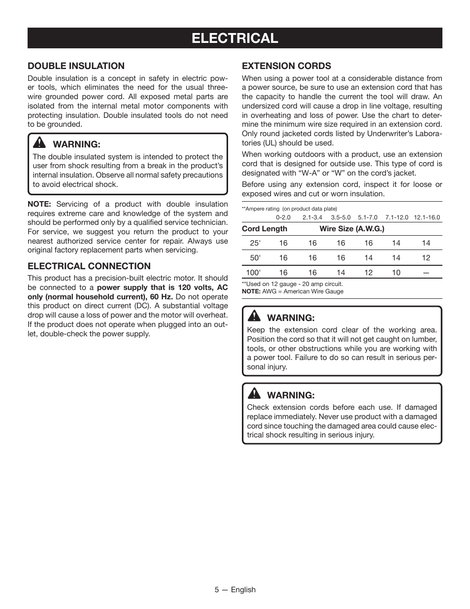 Electrical | Ryobi D620H User Manual | Page 5 / 32