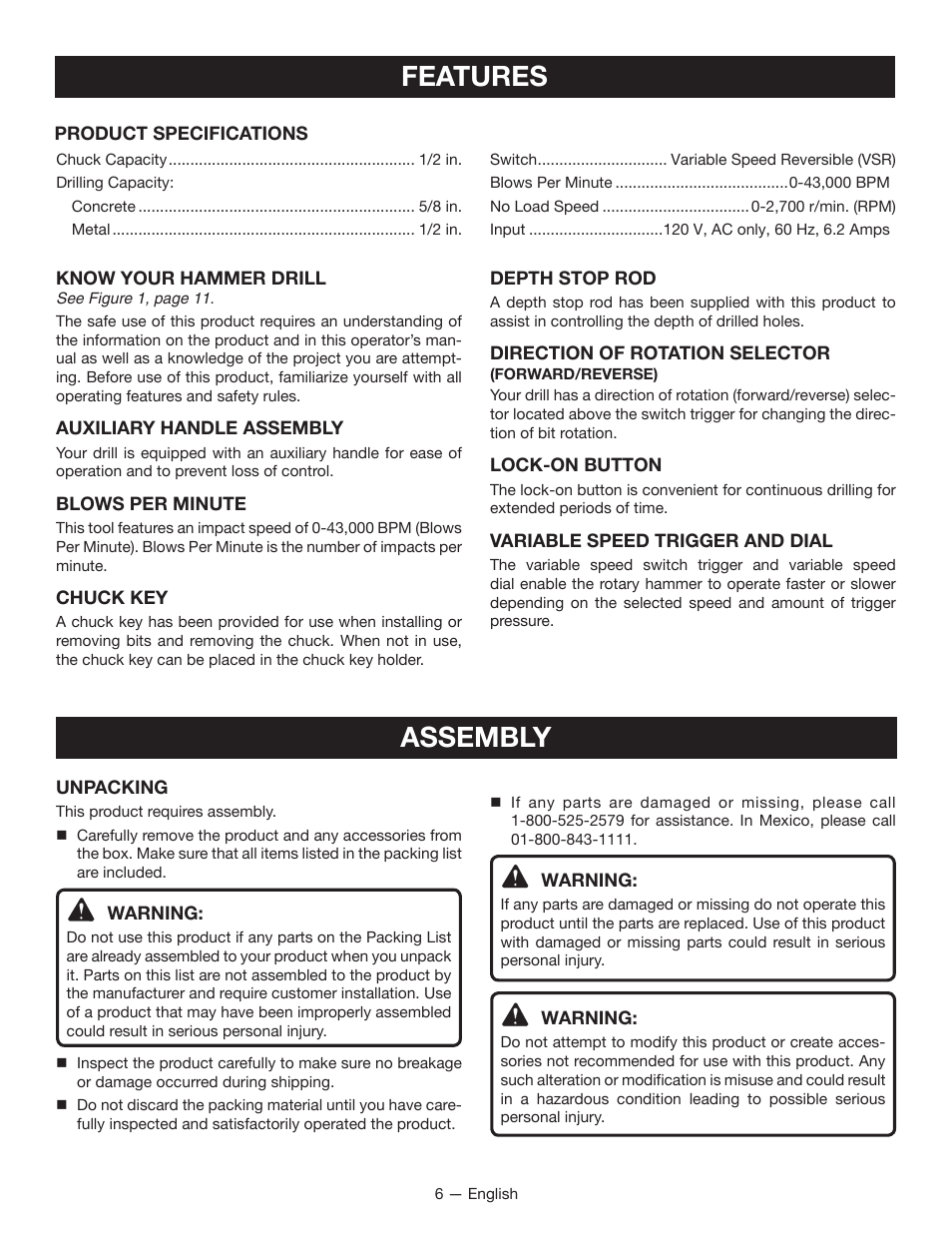 Features, Assembly | Ryobi D620H User Manual | Page 6 / 32