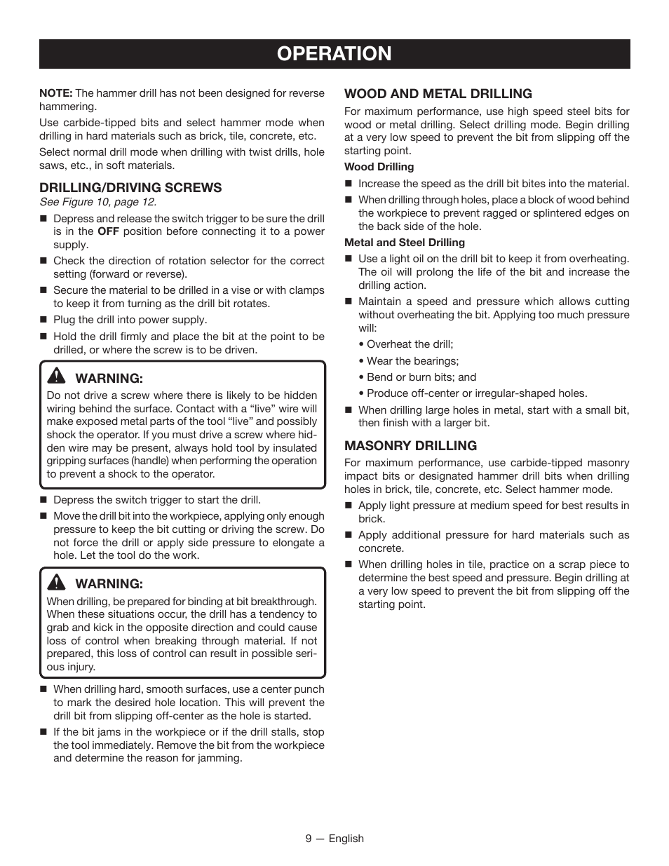 Operation | Ryobi D620H User Manual | Page 9 / 32