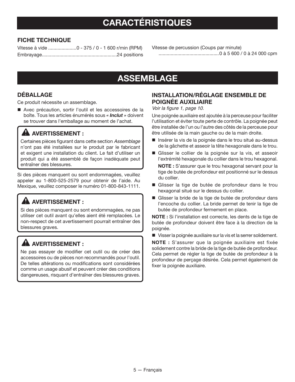 Caractéristiques, Assemblage | Ryobi P214 User Manual | Page 13 / 28