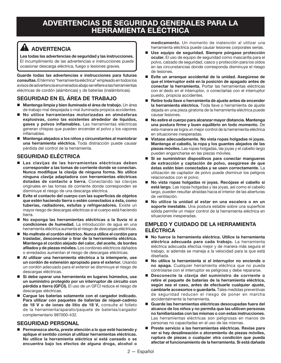 Advertencia | Ryobi P214 User Manual | Page 18 / 28