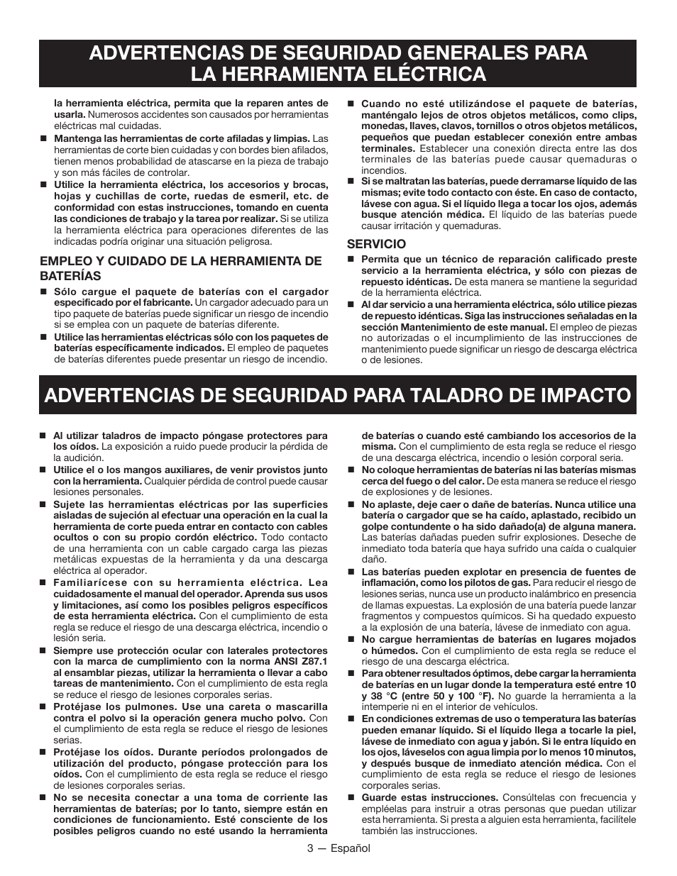 Advertencias de seguridad para taladro de impacto | Ryobi P214 User Manual | Page 19 / 28