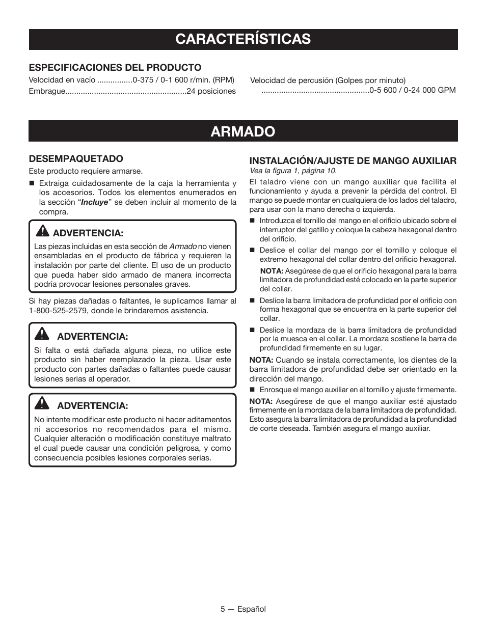 Características, Armado | Ryobi P214 User Manual | Page 21 / 28