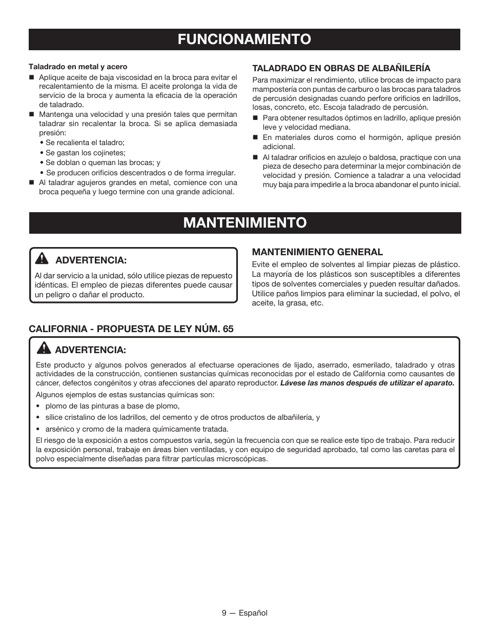 Funcionamiento, Mantenimiento | Ryobi P214 User Manual | Page 25 / 28